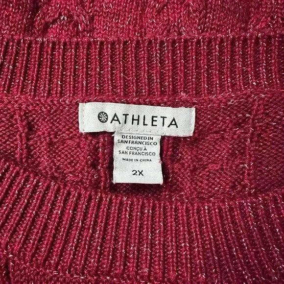 Athleta Crossroads Metallic Holiday Sweater Cable Knit Crew Wool | Red | SZ 2X - Picture 11 of 13